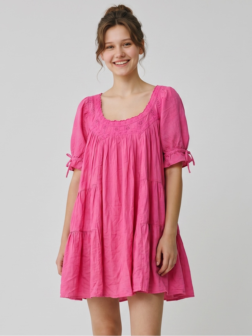 Free People Pink Eyelet Tiered Midi Dress Puff Sleeve Cottagecore